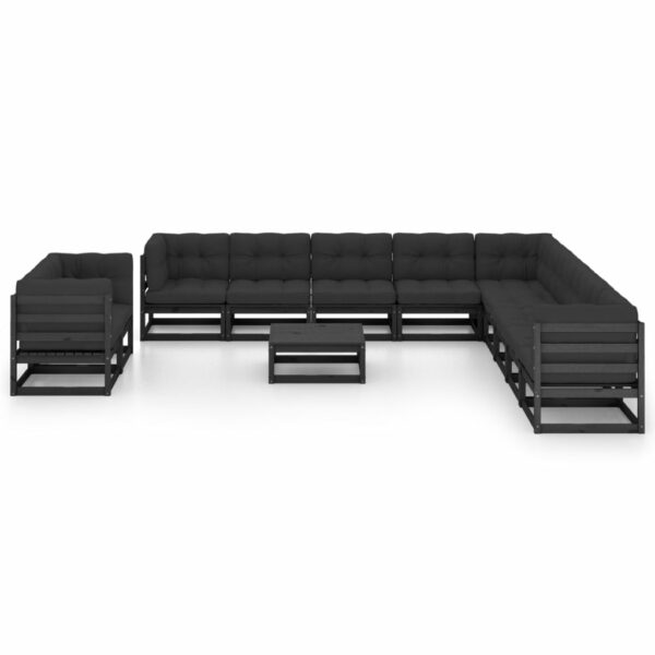 12-delige Loungeset met kussens massief grenenhout zwart - Afbeelding 3