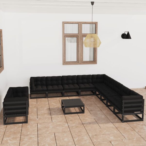 12-delige Loungeset met kussens massief grenenhout zwart