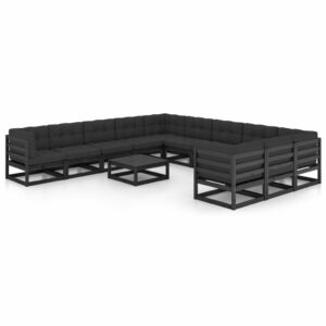 12-delige Loungeset met kussens massief grenenhout zwart