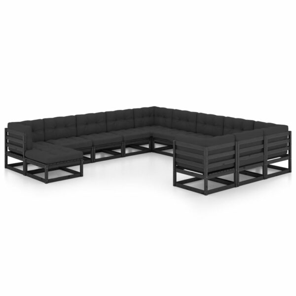 12-delige Loungeset met kussens massief grenenhout zwart - Afbeelding 2
