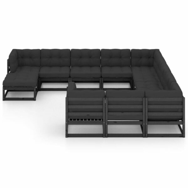 12-delige Loungeset met kussens massief grenenhout zwart - Afbeelding 3