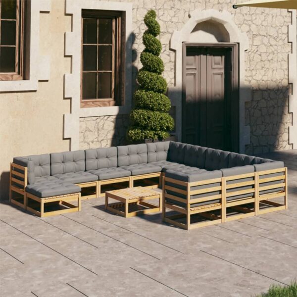 12-delige Loungeset met kussens massief grenenhout zwart