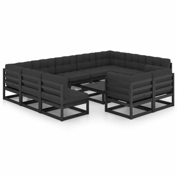12-delige Loungeset met kussens massief grenenhout zwart - Afbeelding 2