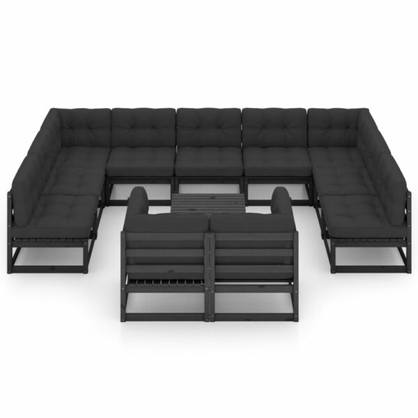 12-delige Loungeset met kussens massief grenenhout zwart - Afbeelding 3