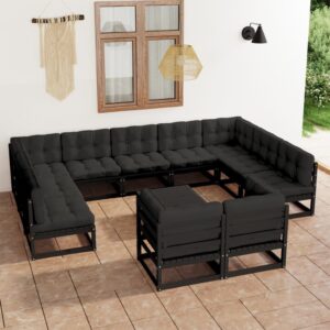 12-delige Loungeset met kussens massief grenenhout zwart