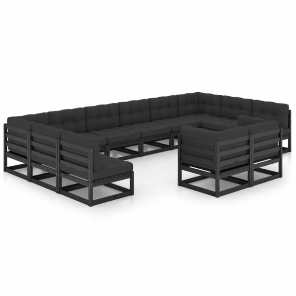 12-delige Loungeset met kussens massief grenenhout zwart - Afbeelding 2