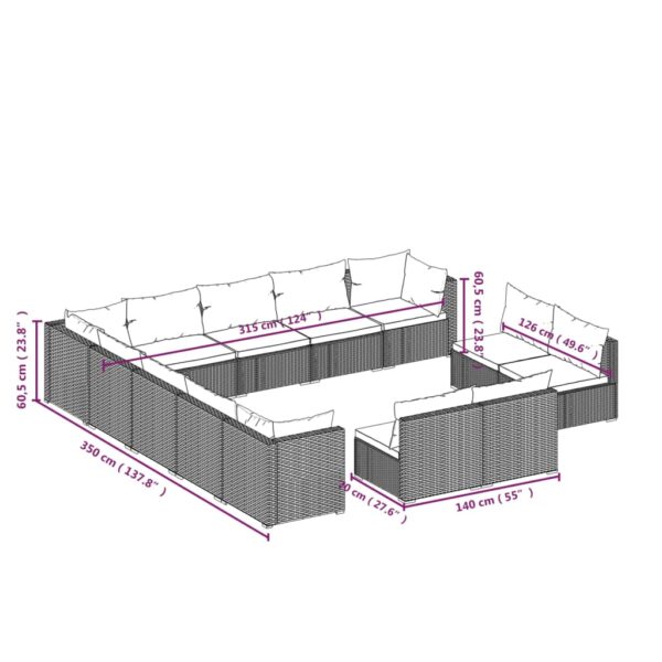 13-delige Loungeset met kussens poly rattan grijs - Afbeelding 7