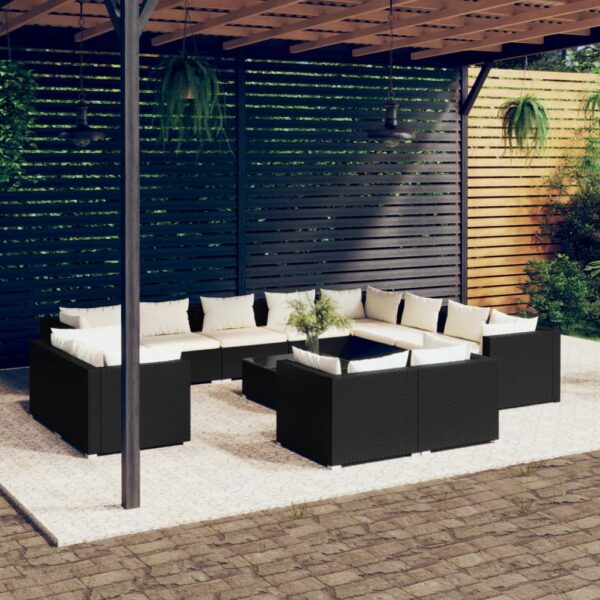 12-delige Loungeset met kussens poly rattan zwart
