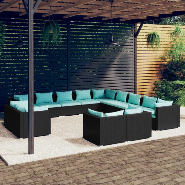 13-delige Loungeset met kussens poly rattan zwart