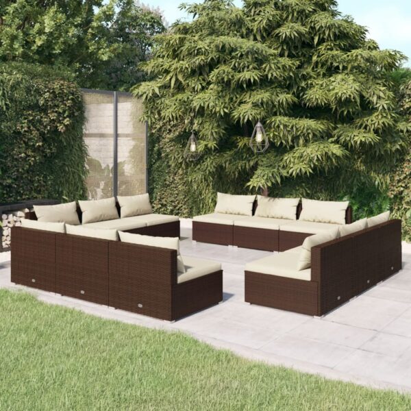 12-delige Loungeset met kussens poly rattan bruin