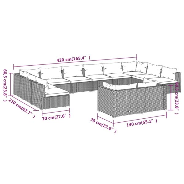 12-delige Loungeset met kussens poly rattan grijs - Afbeelding 7