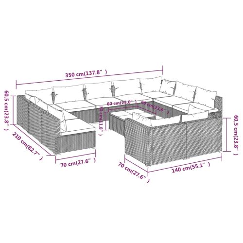 12-delige Loungeset met kussens poly rattan grijs - Afbeelding 9