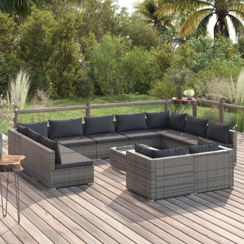 12-delige Loungeset met kussens poly rattan grijs