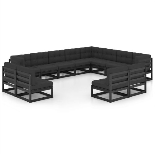 12-delige Loungeset met kussens massief grenenhout zwart - Afbeelding 2