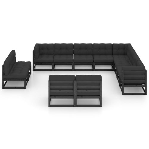 12-delige Loungeset met kussens massief grenenhout zwart - Afbeelding 3