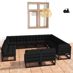 12-delige Loungeset met kussens massief grenenhout zwart