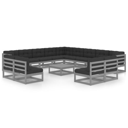 14-delige Loungeset met kussens massief grenenhout grijs