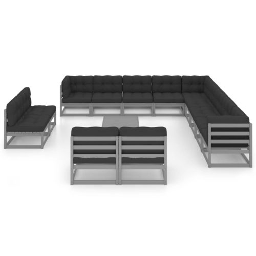 14-delige Loungeset met kussens massief grenenhout grijs - Afbeelding 2