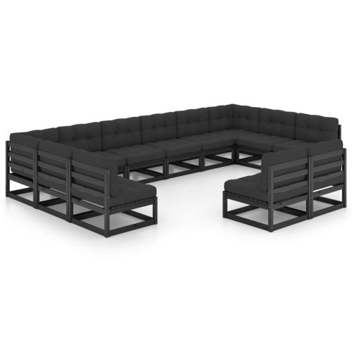 12-delige Loungeset met kussens massief grenenhout zwart - Afbeelding 2
