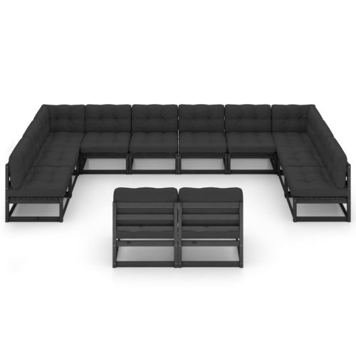 12-delige Loungeset met kussens massief grenenhout zwart - Afbeelding 3