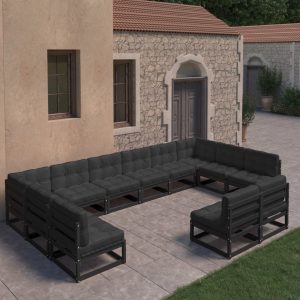 12-delige Loungeset met kussens massief grenenhout zwart