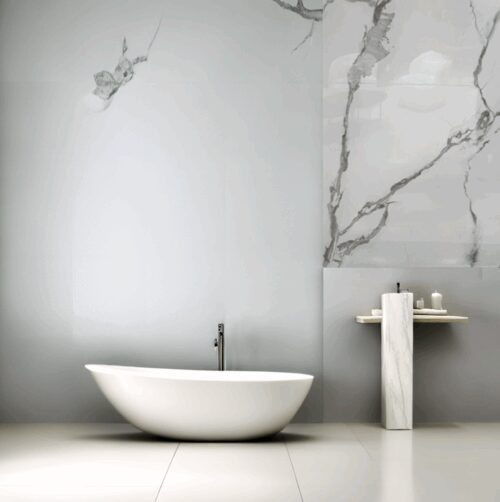 €49 PER PANEEL - 120x280x0,3 cm - PVC Wandpaneel Calacatta Marmer Wit / Grijs Hoogglans - Afbeelding 2