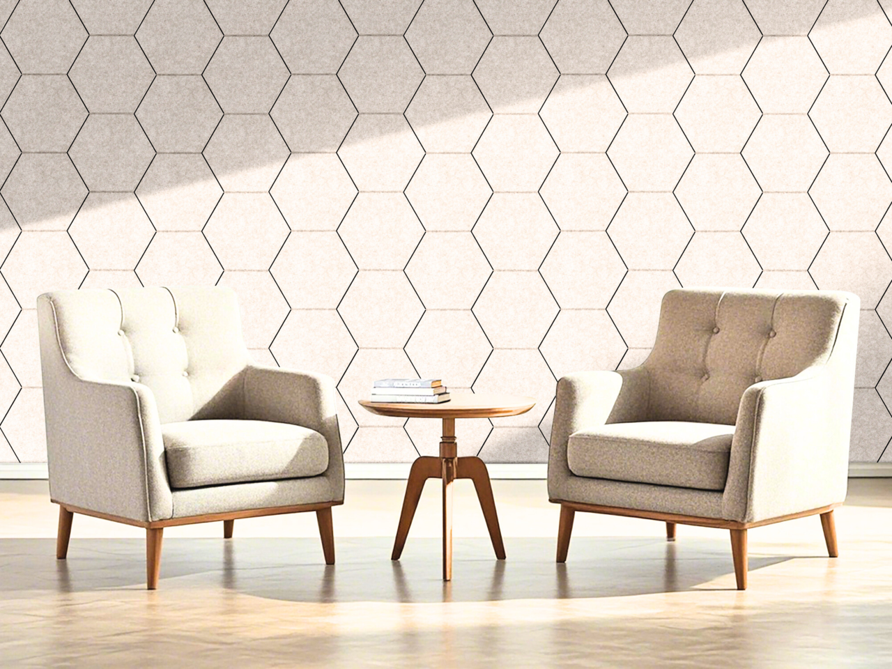 OPPIO Viltpaneel Beige - HEXAGON - 280x60 cm - Brandvertragend & Geluiddempend