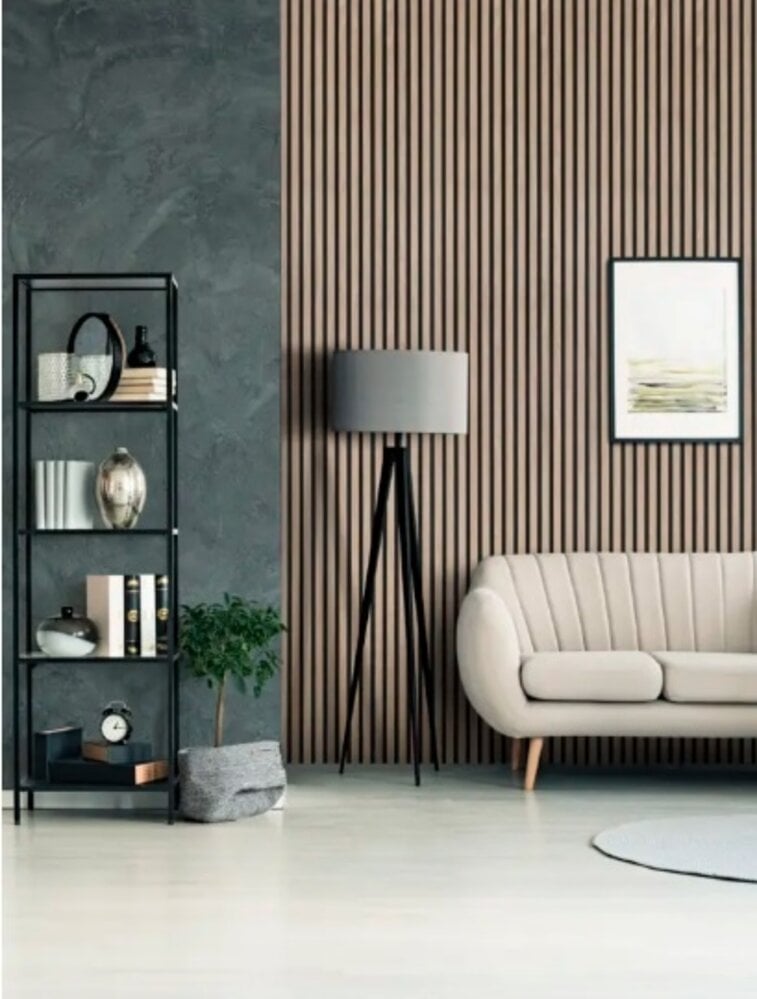 Lattenwand Silentless Vergrijsd Walnoot 260 x 52,6 cm - akoestische wand panelen met Vilt